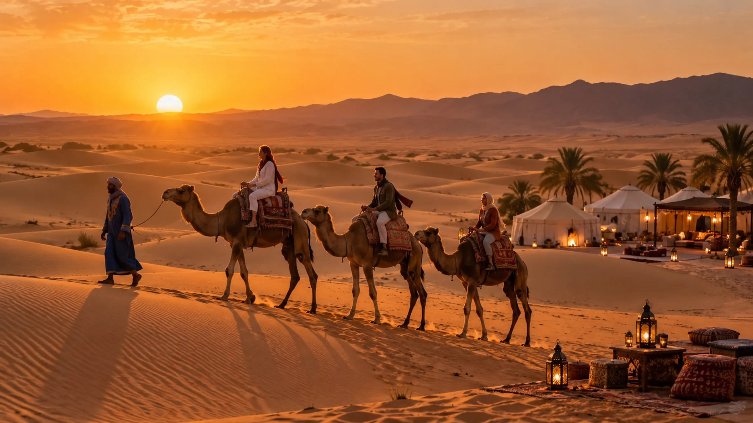 Camel caravan across golden dunes