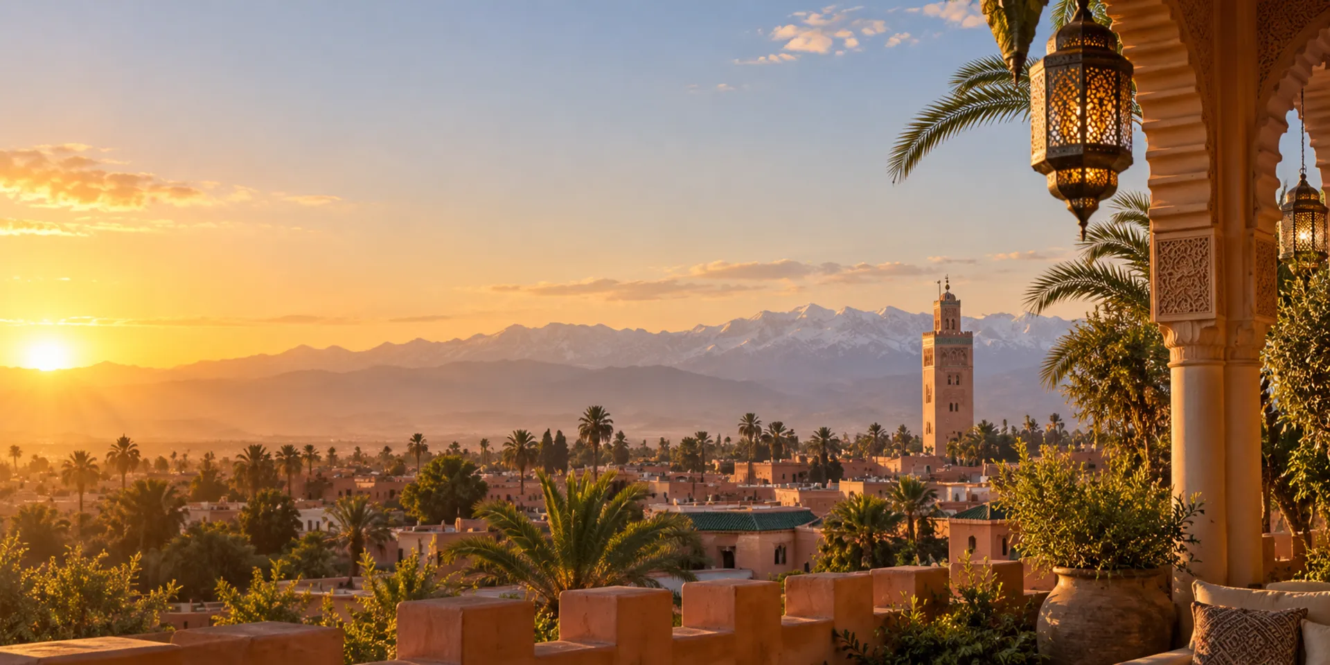 Marrakech sunset with Koutoubia and Atlas Mountains