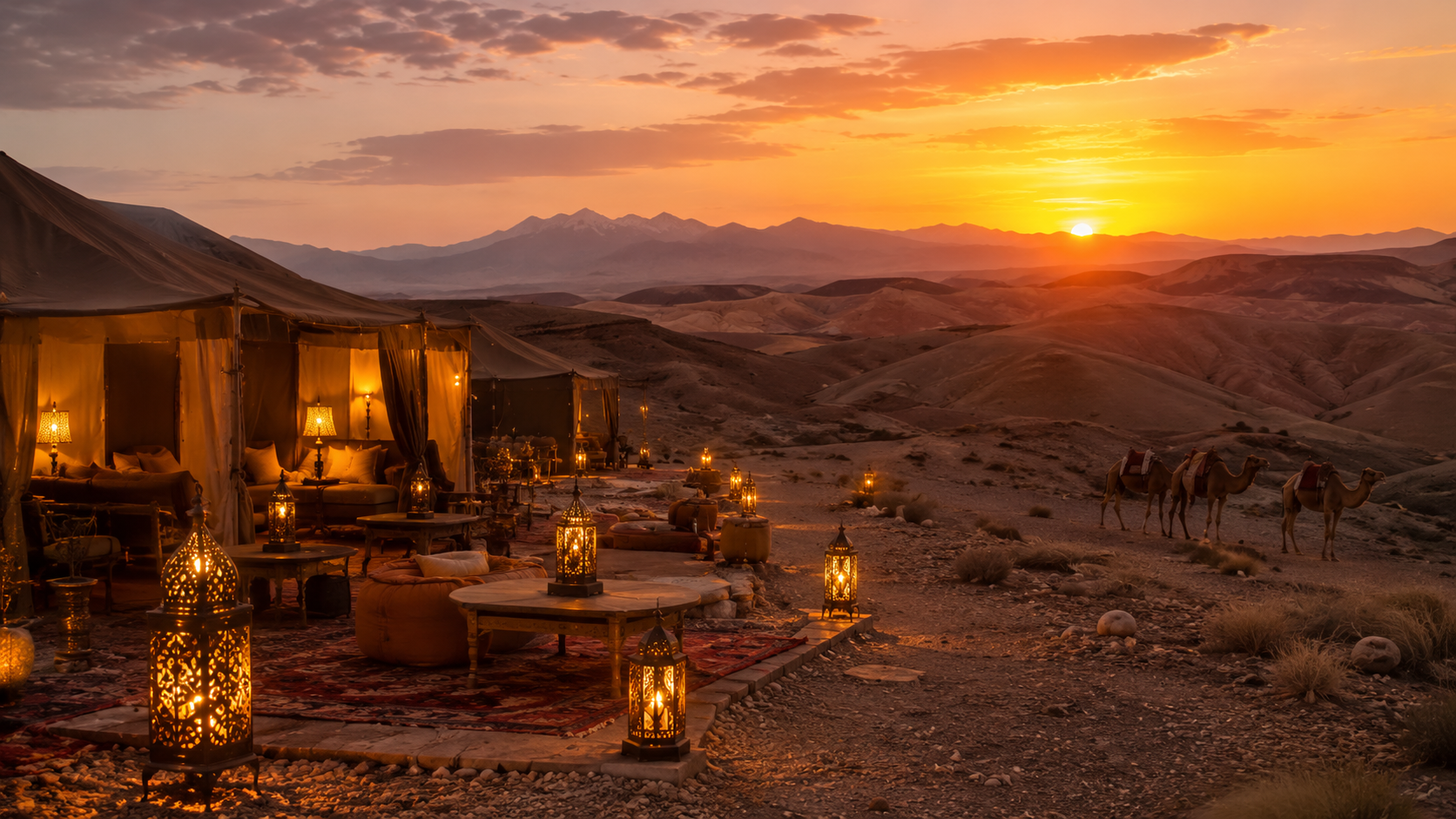 Agafay Desert luxury camp at sunset