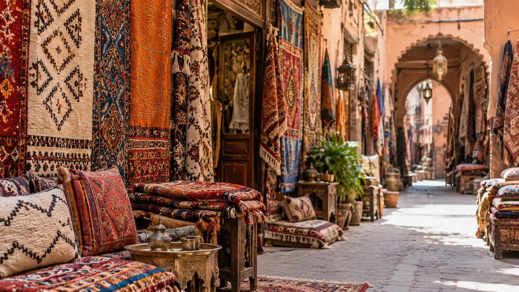 Moroccan culture and traditional rugs in Marrakech during an autumn journey