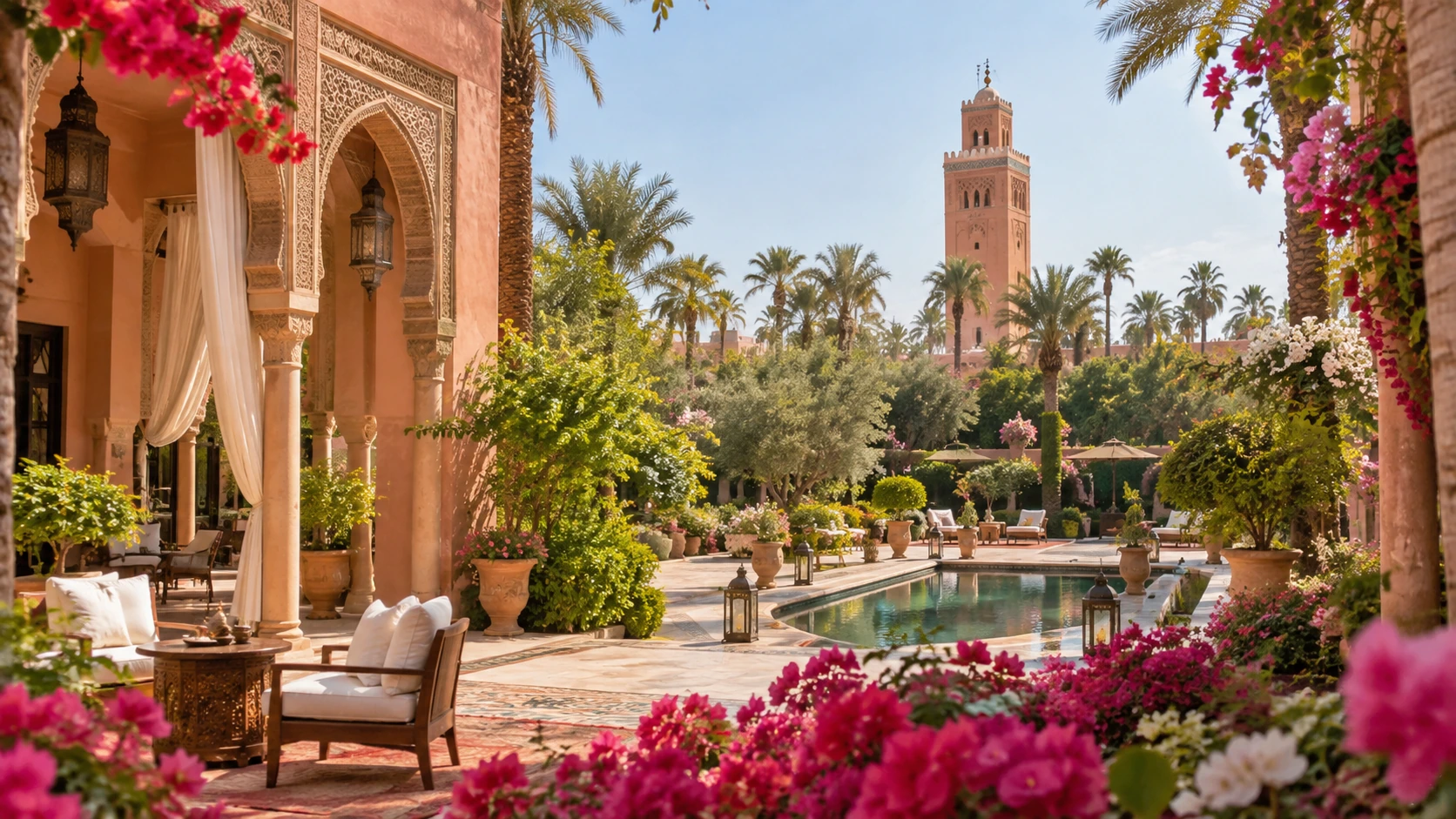 Spring travel in Marrakech Morocco with gardens and warm sunshine