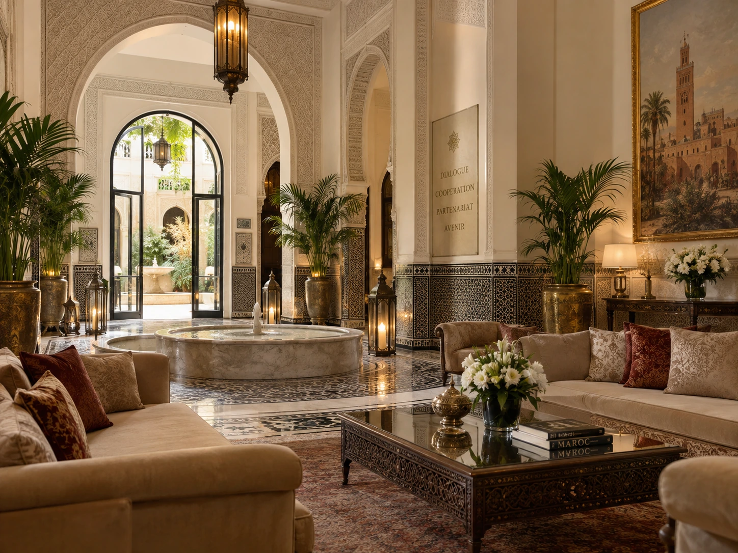 Refined Moroccan delegation lounge with fountain and seating