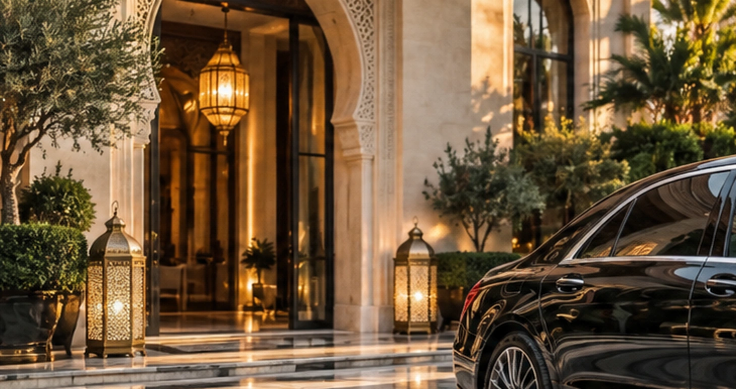 Black luxury executive car parked outside an elegant hotel entrance for diplomatic travel in Morocco