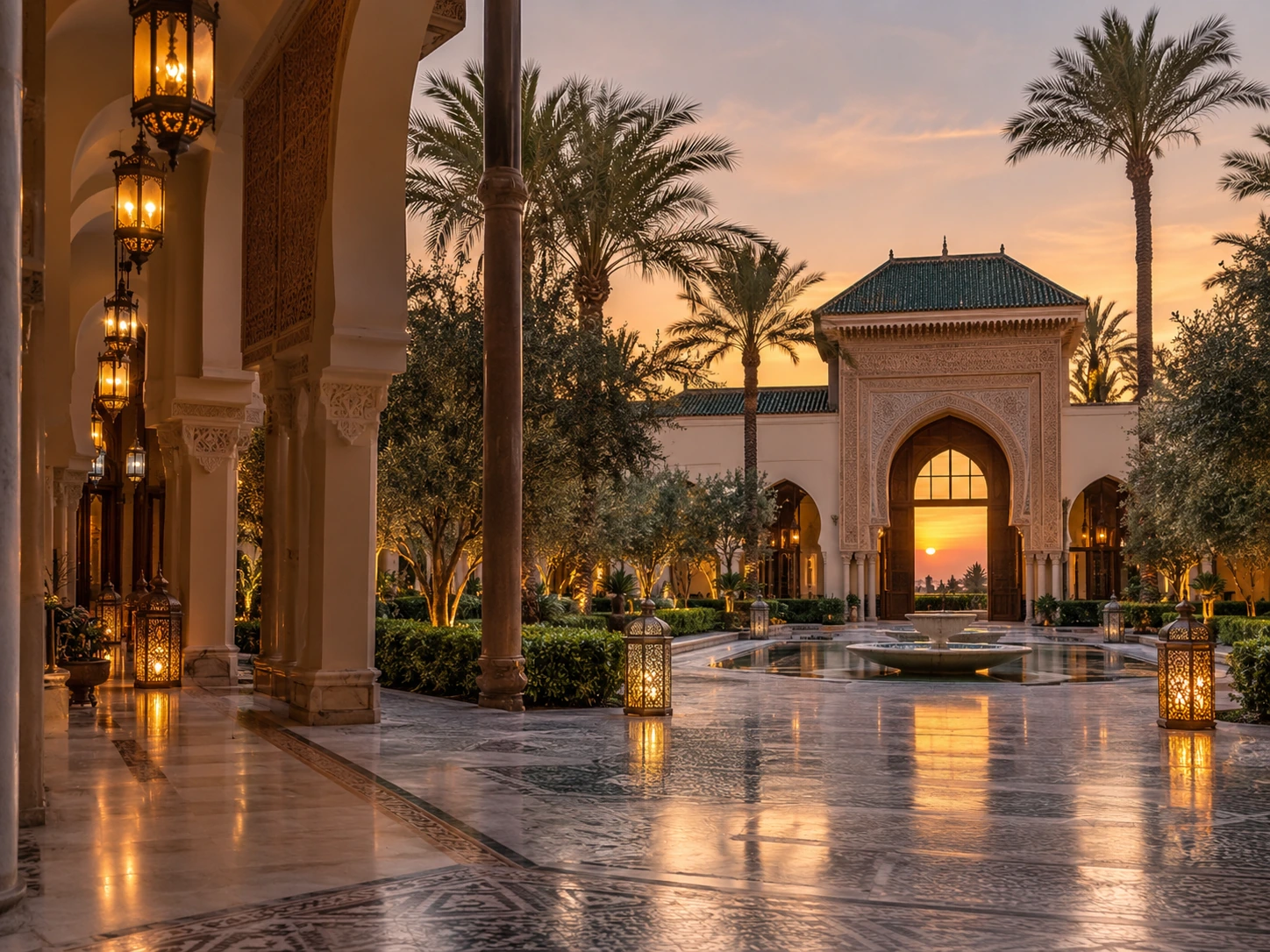 Elegant Moroccan official courtyard illuminated with lanterns