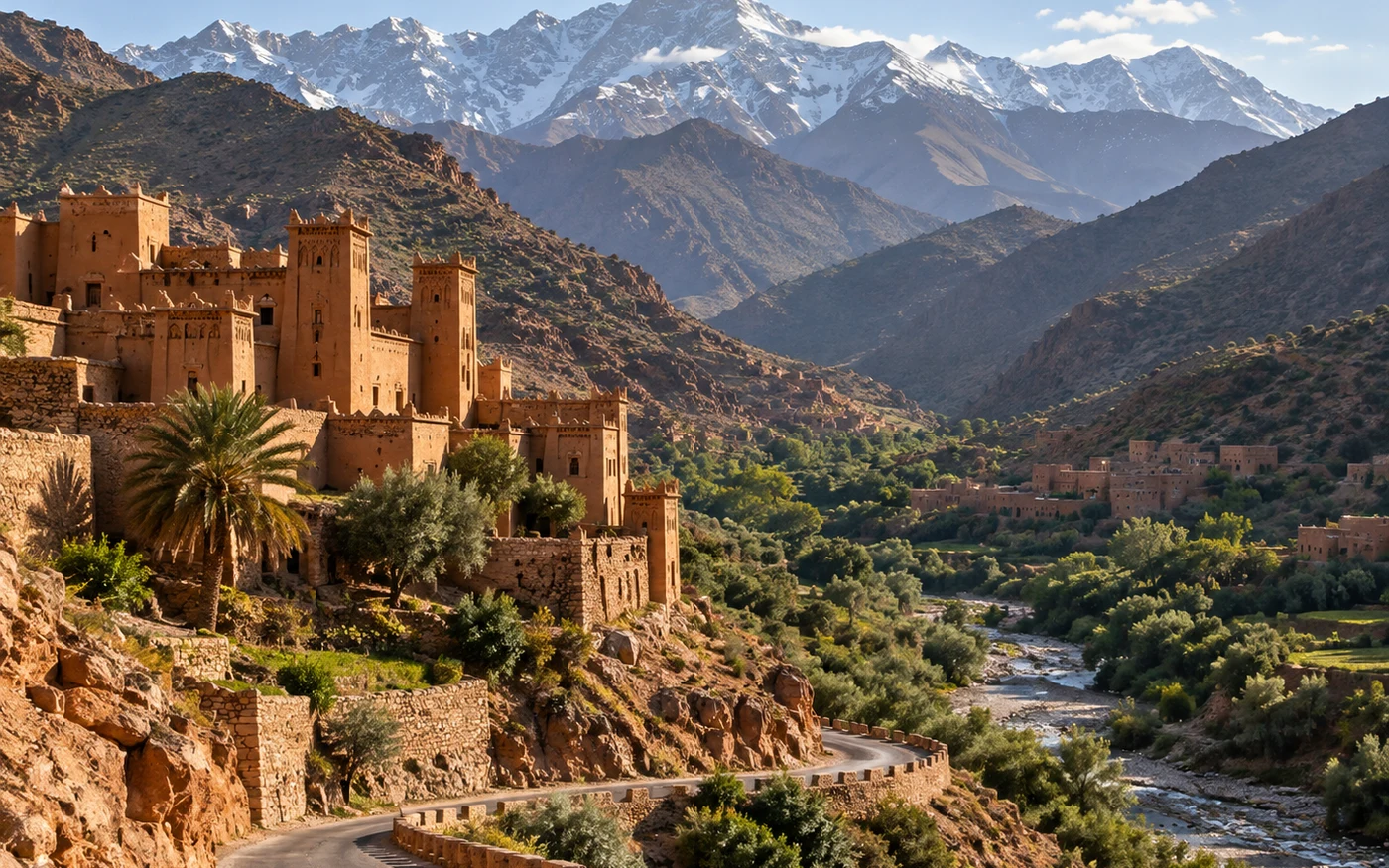 Kasbah and Atlas mountain valley in Morocco with no people