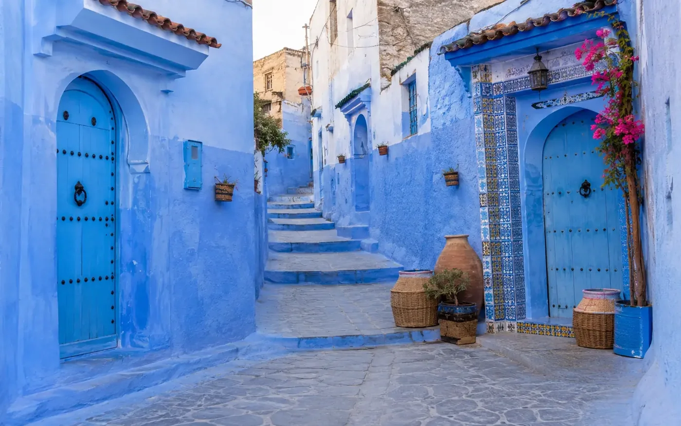 Quiet blue medina street in Chefchaouen for a halal holiday in Morocco