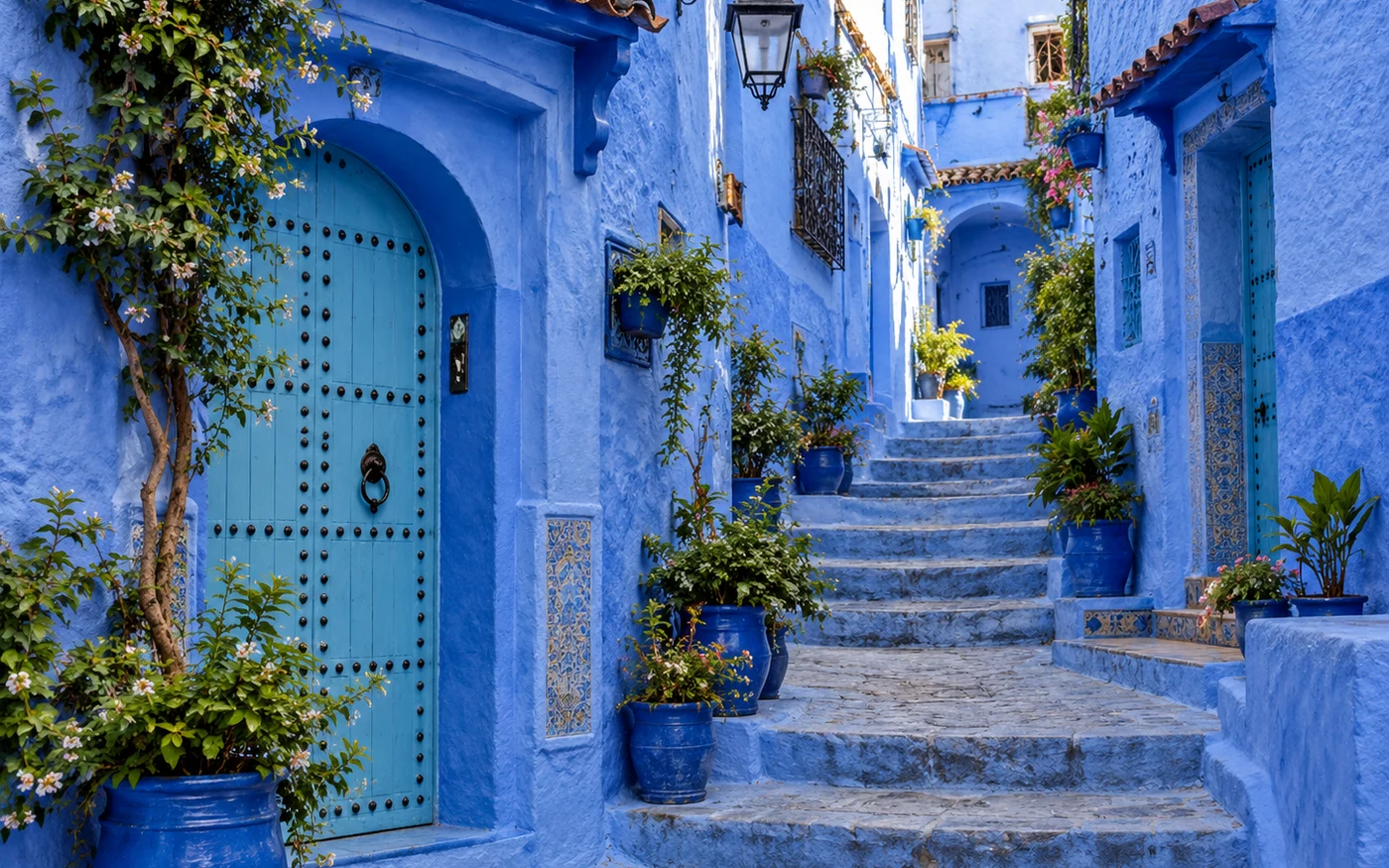 Blue lane and staircase in Chefchaouen Morocco with no people