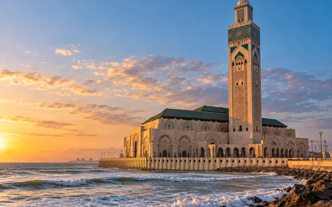 Hassan II Mosque on the Atlantic coast at sunset in Morocco with no people
