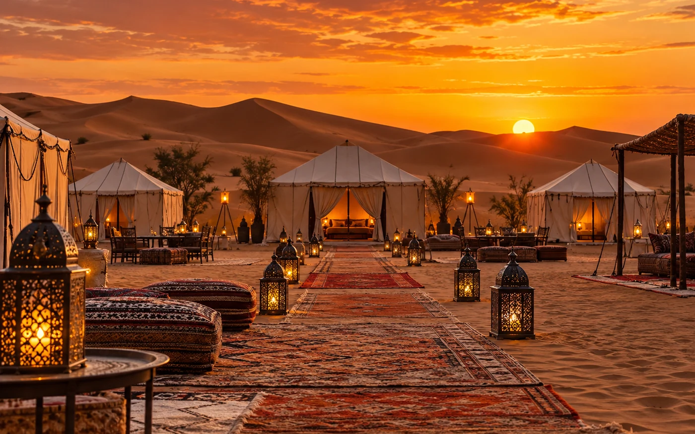 Luxury desert camp in Morocco at sunset with no people