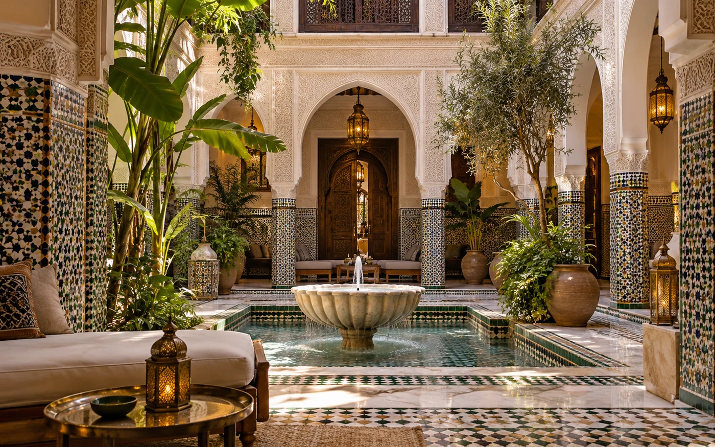 Traditional riad courtyard in Morocco with fountain and no people