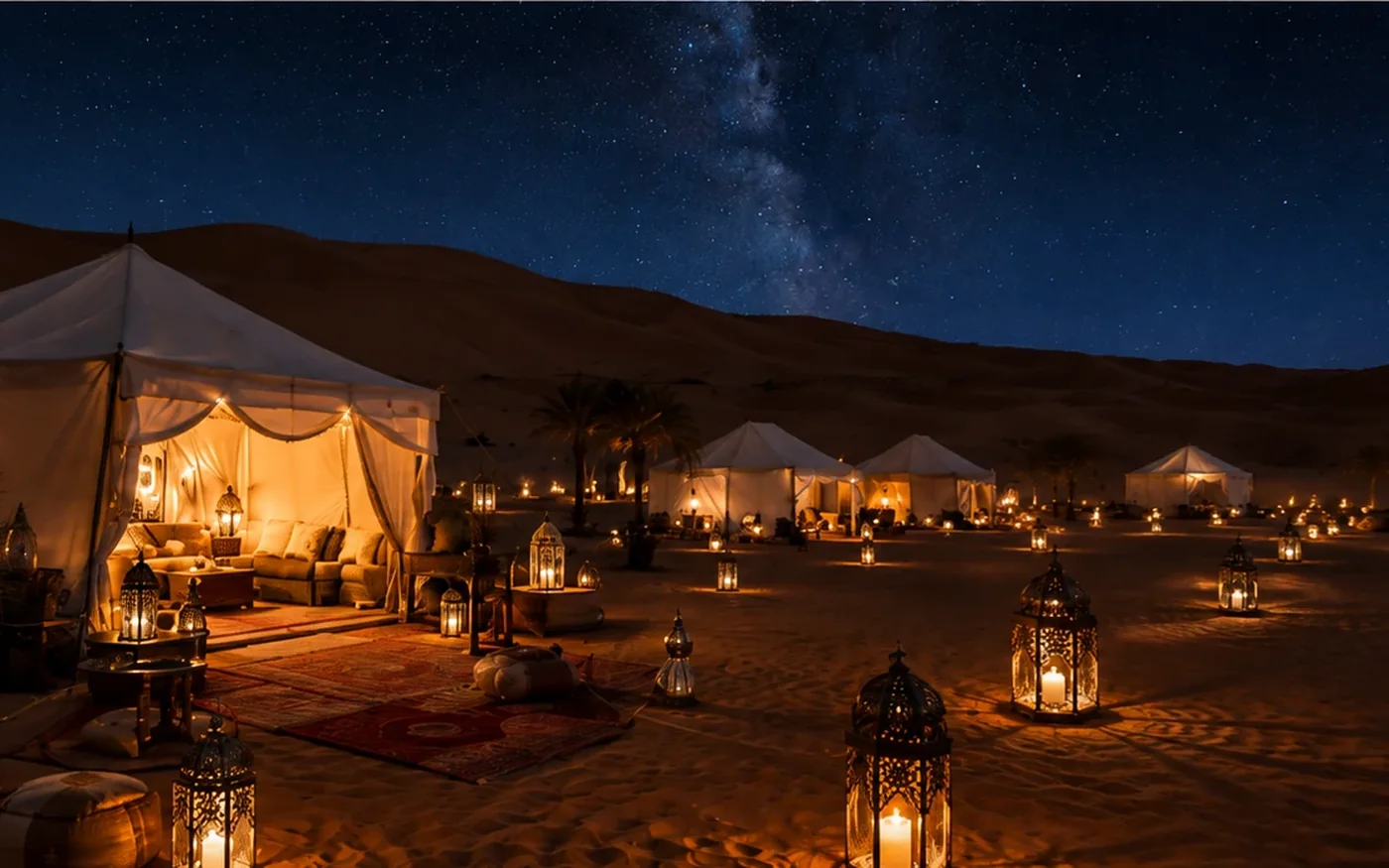 Luxury desert camp under the night sky in Merzouga Morocco with no people