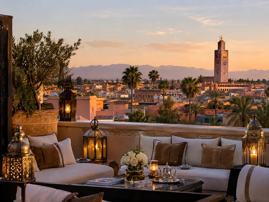 Romantic Morocco honeymoon terrace on the Atlantic coast at sunset