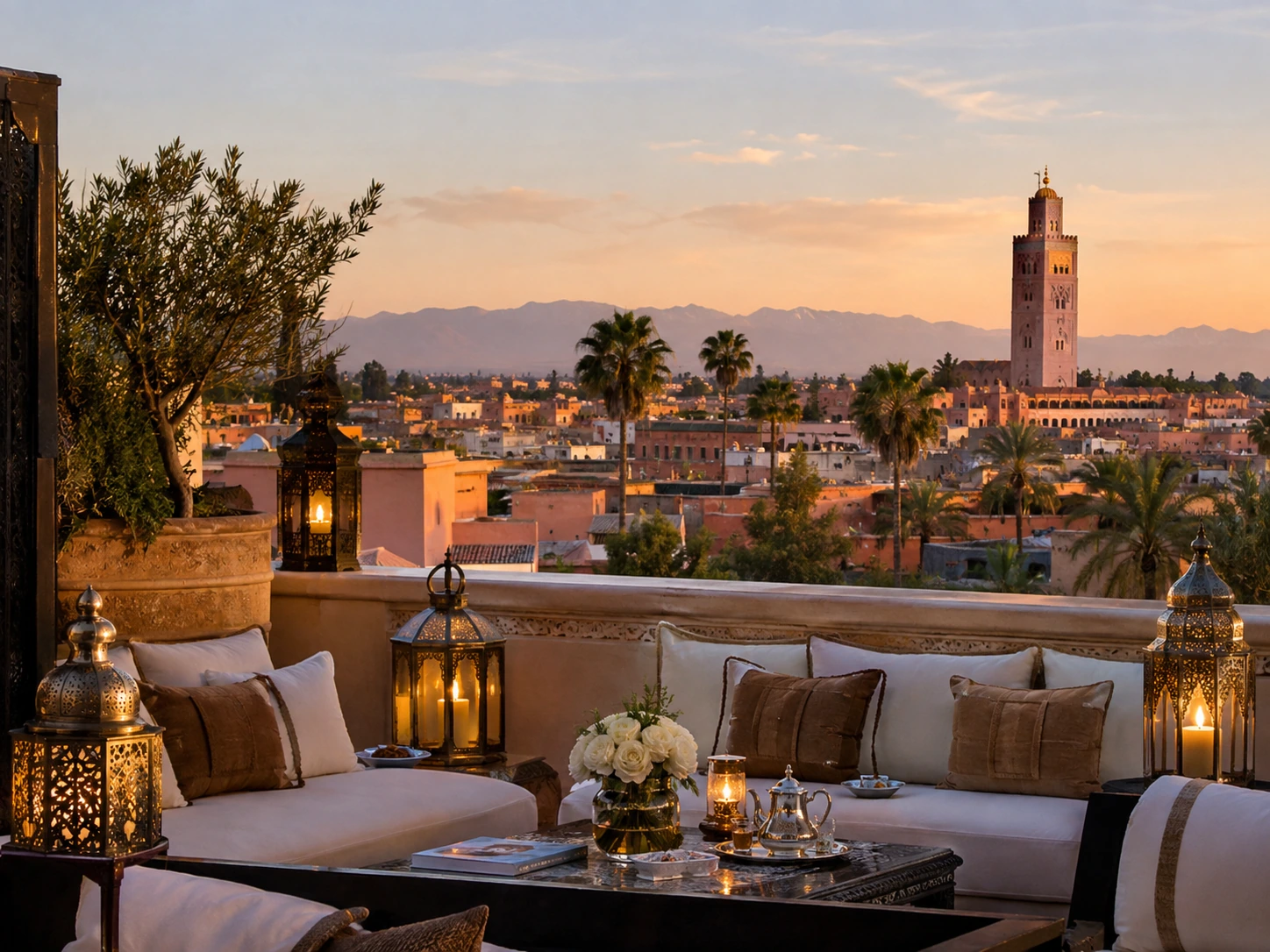 Romantic Atlantic coast terrace in Morocco at sunset