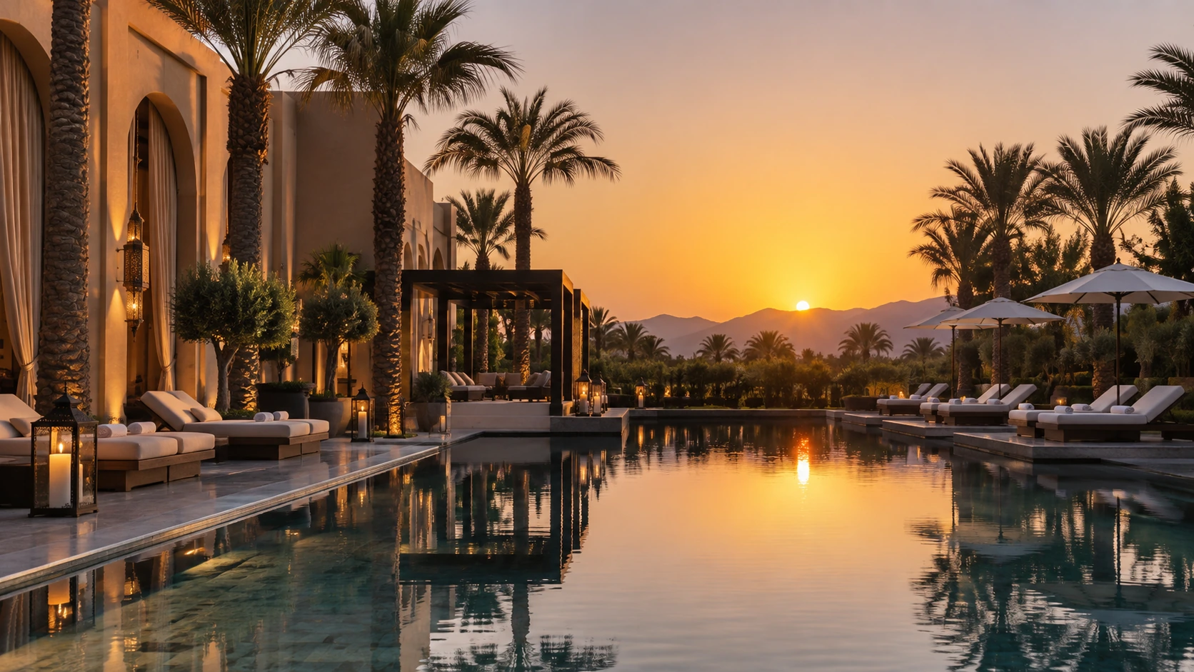 Luxury Marrakech resort pool at sunset with palm trees