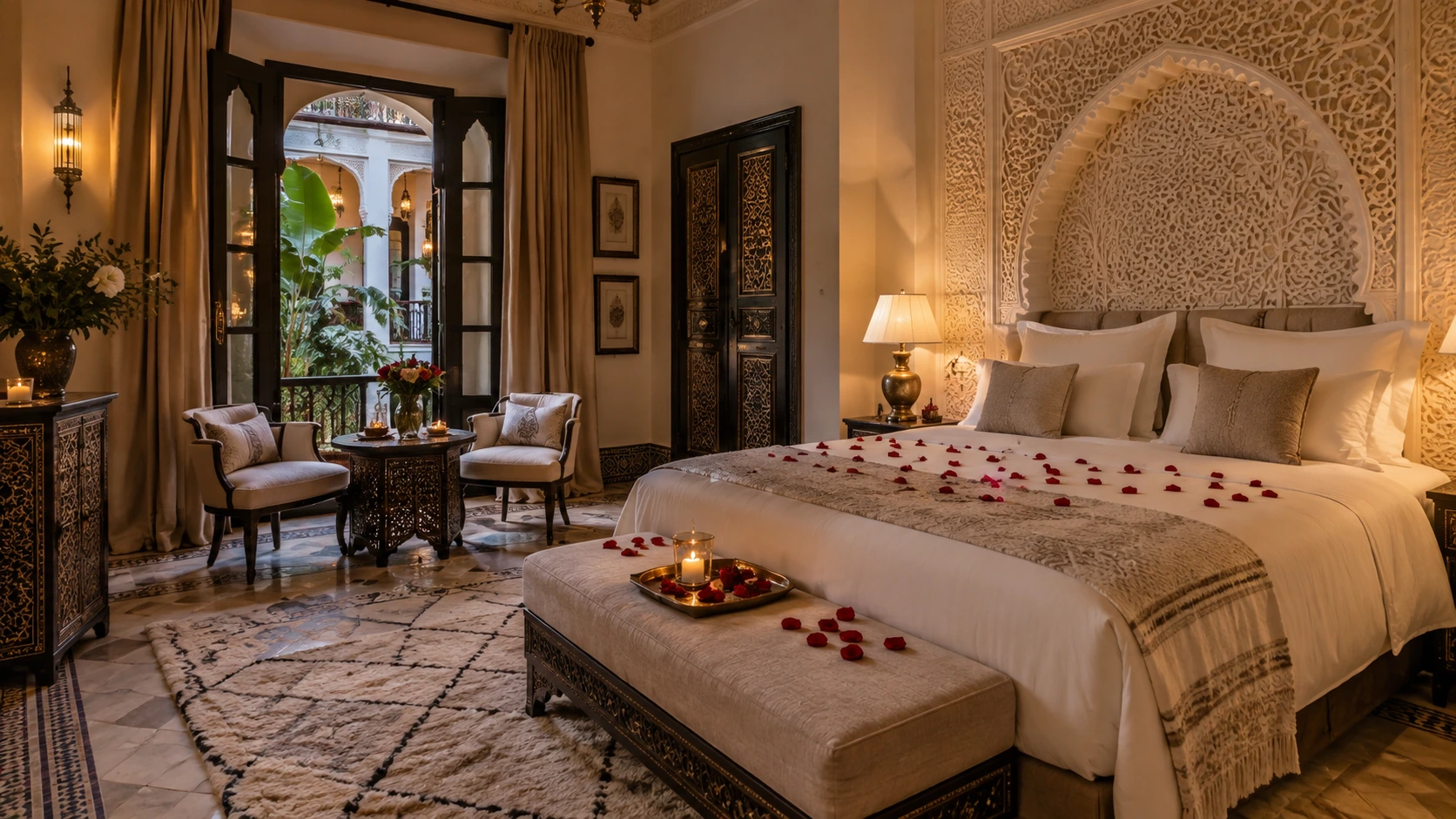 Romantic Moroccan honeymoon suite in Marrakech with rose petals and warm lighting