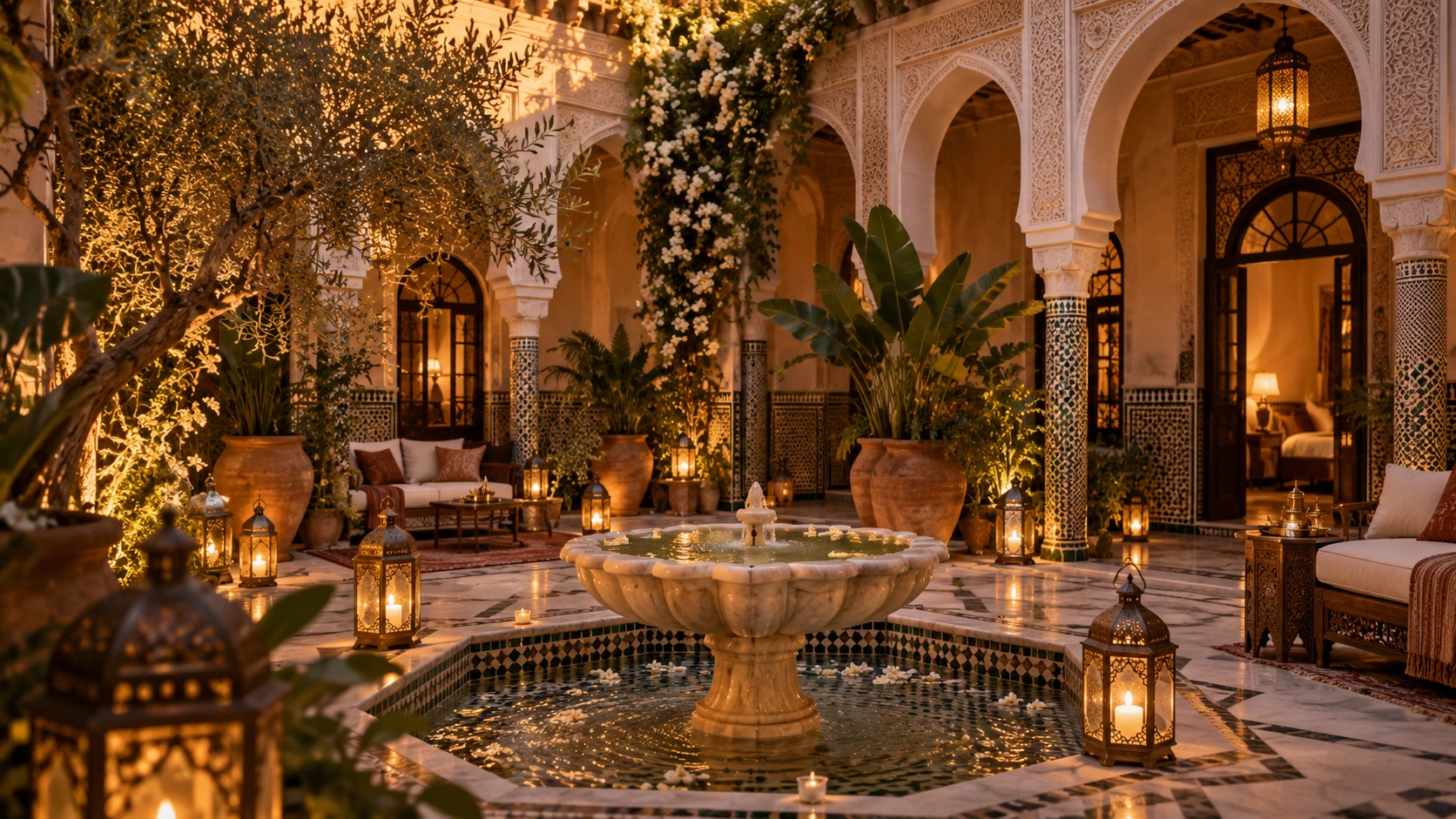 Romantic Moroccan riad courtyard illuminated with lanterns