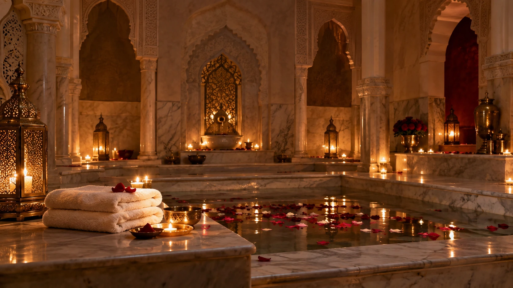 Private Moroccan hammam with candles and rose petals