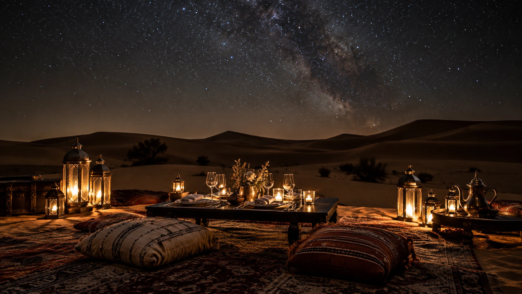 Romantic desert dinner beneath a star-filled Sahara sky