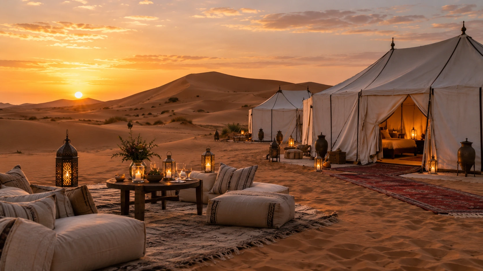 Luxury Sahara desert camp at sunset for a Morocco honeymoon