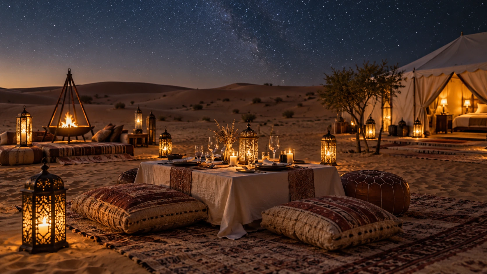 Private romantic dinner setup in the Sahara Desert at sunset