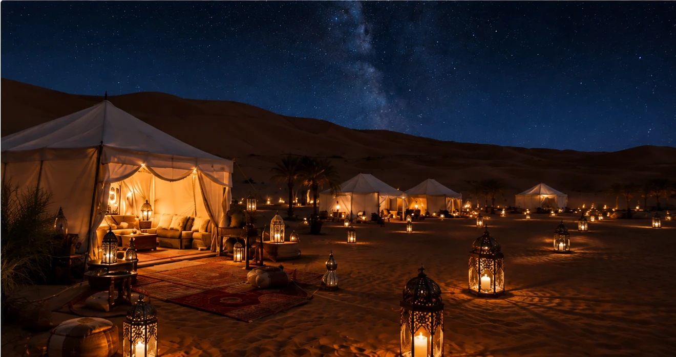 Merzouga desert camp at night