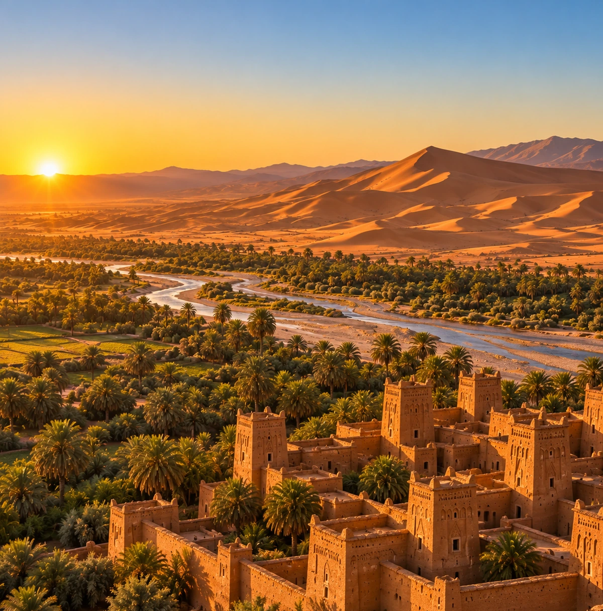 Elevated view of a Moroccan kasbah, palm oasis and Sahara dunes